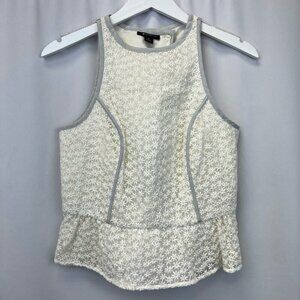 I Heart Ronson Womens Peplum Top Off White Sleeveless Cutout Embroidered Artsy 4